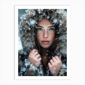 Macro Portrait Freckled Woman Clad In Snowy Fur Jacket Intricate Snowflake Patterns On Jacket Surf 1 Art Print