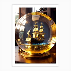 Ship In Gold Globe Art Print