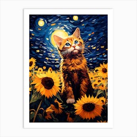 Cat Sunflowers Wall Art Art Print