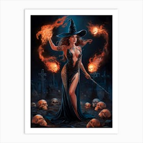 Sexy Gorgeous Witch with Fireballs Painting #2 Art Print