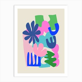 Abstract Matisse Inspired Summer Botanical Cut Out Shapes in Blue and Pink Art Print