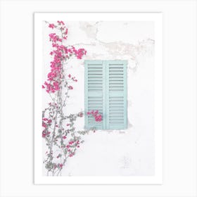 Bougainvillea plant on a Mediterranean house wall santorini door window Art Print