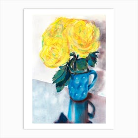 Yellow Roses In A Blue Vase Art Print