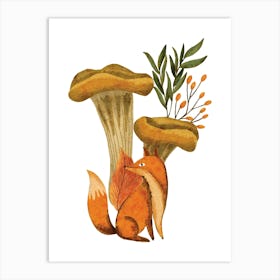 Woodland fox and oyster mushroom Art Print