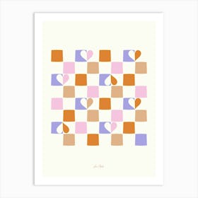 Checkerboard Hearts pink, blue and brown Art Print