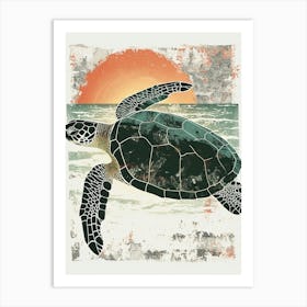 Vintage Sea Turtle At Sunset Painting 1 Art Print