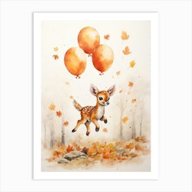 Deer Flying With Autumn Fall Pumpkins And Balloons Watercolour Nursery 4 Art Print