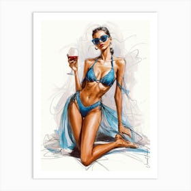 A Sketch Of A Woman In Blue Bikini With A Glass Of Wine Art Print