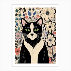 Black And White Cat With Flowers Art Print