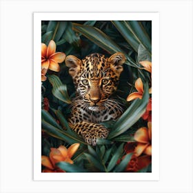 A Happy Front faced Leopard Cub In Tropical Flowers 1 Art Print