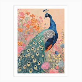 Warm Tones Peacock In A Meadow Art Print