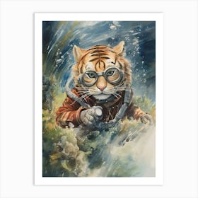 Tiger Illustration Scuba Diving Watercolour 4 Art Print