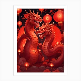 Two Red Dragons With Lanterns 1 Art Print