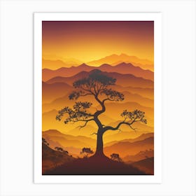 Sunset Landscape With Lone Tree Art Print