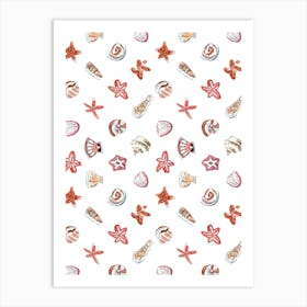 Sea Shells And Stars Pattern On White Background Art Print