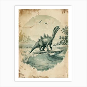 Vintage Stegosaurus Dinosaur On A Surf Board 2 Art Print