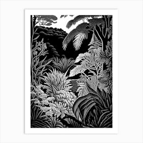 Wellington Botanic Garden, New Zealand Linocut Black And White Vintage Art Print