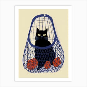 Black Cat In A Blue Bag With Oranges Art Print