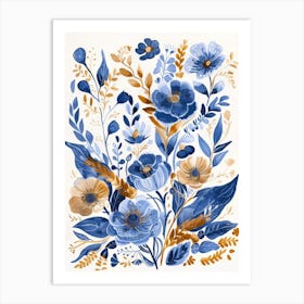 Blue And Gold Flowers 3 Art Print