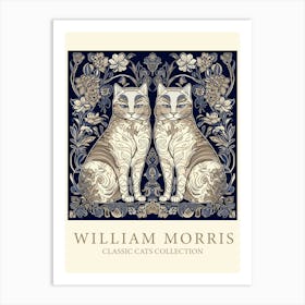 William Morris  Inspired  Classic Cats Brown And White Blue Art Print