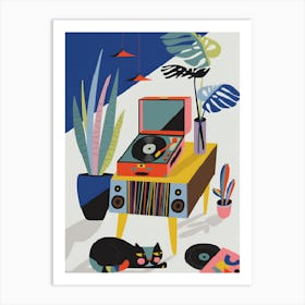 Cat And Record Player Art Print