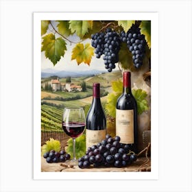 Vines,Black Grapes And Wine Bottles Painting (32) Art Print