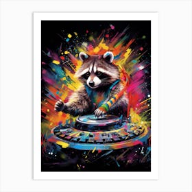 A Dj Raccoon Spinning Dj Decks Vibrant Paint Splash 2 Art Print