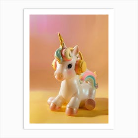 Toy Unicorn Listening To Music With Headphones Pastel Yellow Art Print