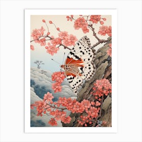 Pink Blush Flowers Butterfly Japanese Style Painting 1 Art Print