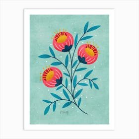 Teal And Coral Flowers Art Print