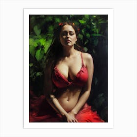 Woman In Red female portrait in the forest green Art Print