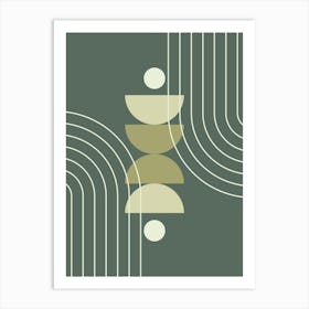 Mid Century Modern Geometric Abstract Shapes, Rainbow, Sun, Moon Phases in Sage Green Art Print