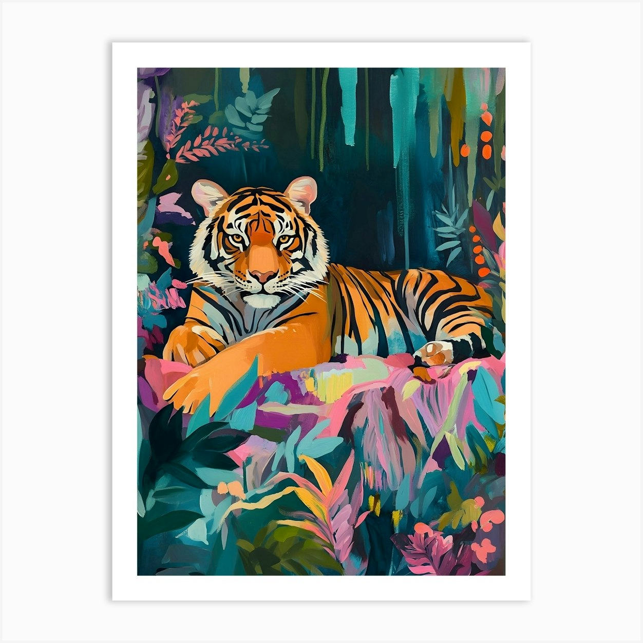 Tiger In The Jungle, Colorful Tiger Wall Art Art Print by Vibrant Vintage