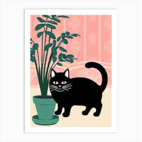 Black Cat With Potted Plant Art Print