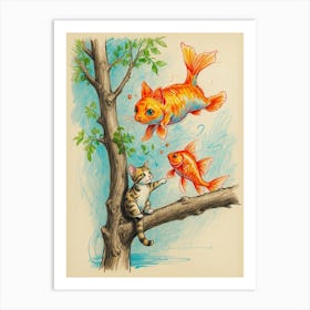 Koi Fish And Cat Art Print