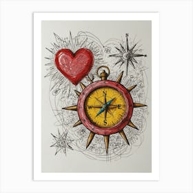 Compass And Heart Art Print