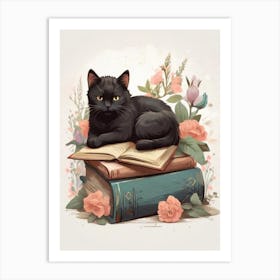 Black Cat On Books Art Print