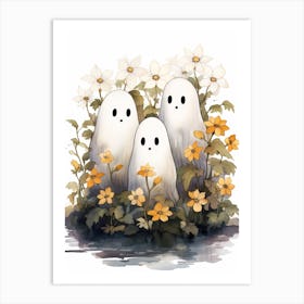 Cute Bedsheet Ghost, Botanical Halloween Watercolour 97 Art Print