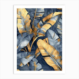 Gold And Blue Banana Leaves Art Print