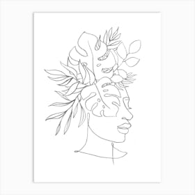 Line art Woman With Leaves Art Print