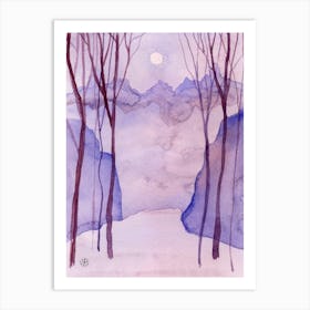 Purple Misteria 1 - watercolor vertical nature moon night trees mauve lilac hand painted Art Print