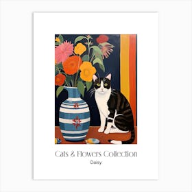 Cats & Flowers Collection Daisy Flower Vase And A Cat, A Painting In The Style Of Matisse 0 Art Print