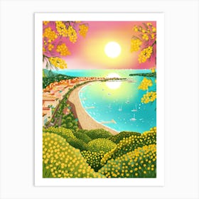 Europe France Cannes Provence Bay View of Beach and Sea and Bright Yellow Mimosa blooming in February. Art Print