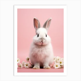 White Rabbit With Daisies On Pink Background Art Print