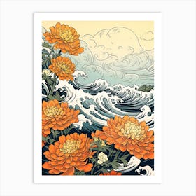 Great Wave With Marigold Flower Drawing In The Style Of Ukiyo E 4 Art Print