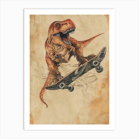 Vintage Carnotaurus Dinosaur On A Skateboard 1 Art Print