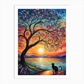 Rainbow Tree - Beautiful Rainbow Mosiac of Whimsical Black Cat Watching the Sun Set Whimsy Kitty Art for Cat Lover, Cat Lady, Chakra Pride Pagan Witch Colorful HD Art Print