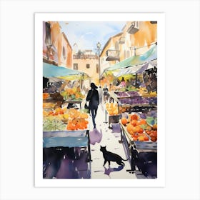 Food Market With Cats In Rome 1 Watercolour Art Print