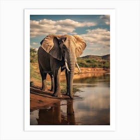 African Elephant Drinking Water Realistic 4 Art Print