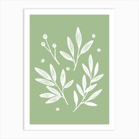 Botanic Leaf Foliage Pattern - Green White Art Print